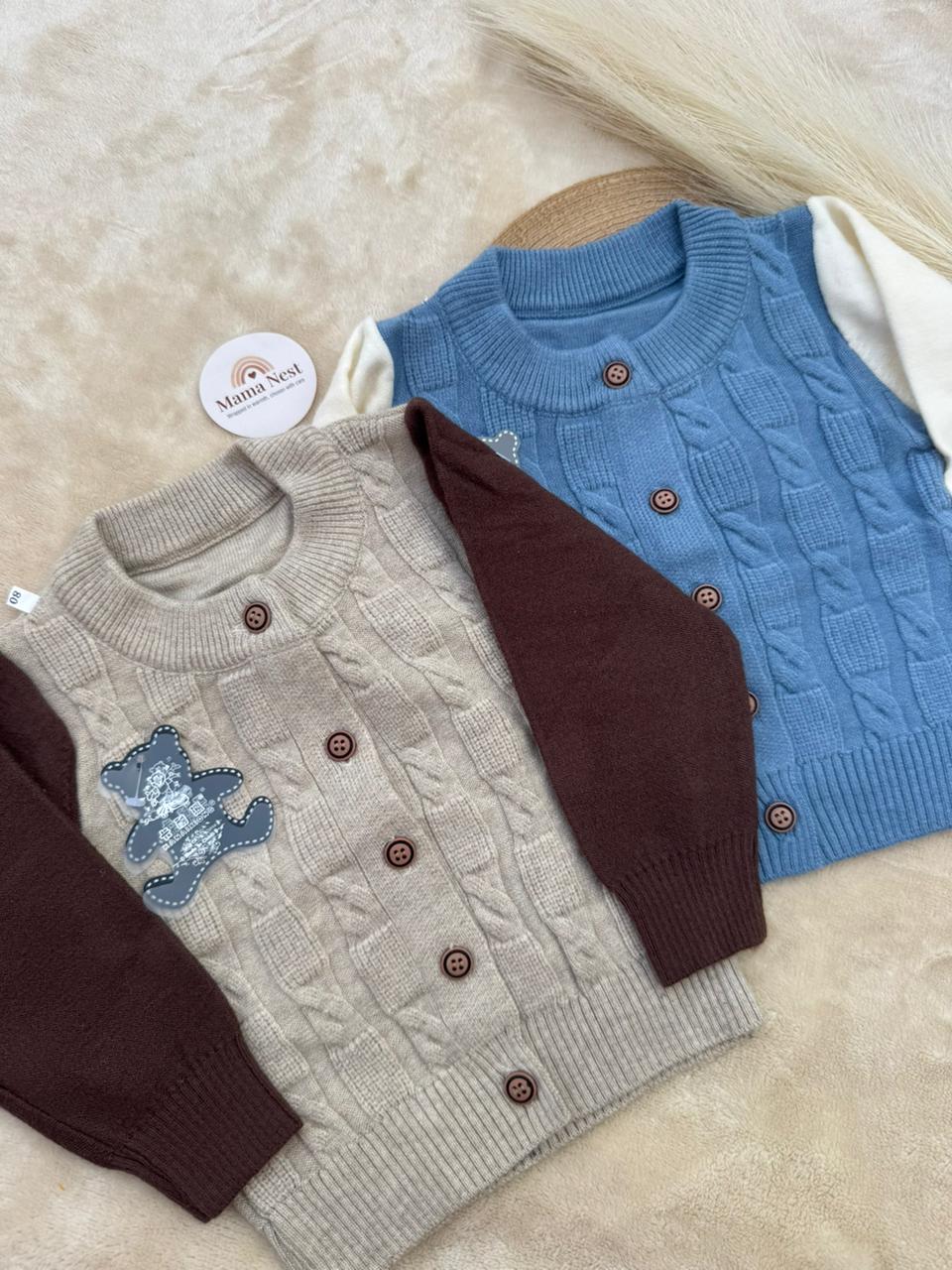 Two-Tone Teddy Cable Knit Cardigan (Beige & Brown)