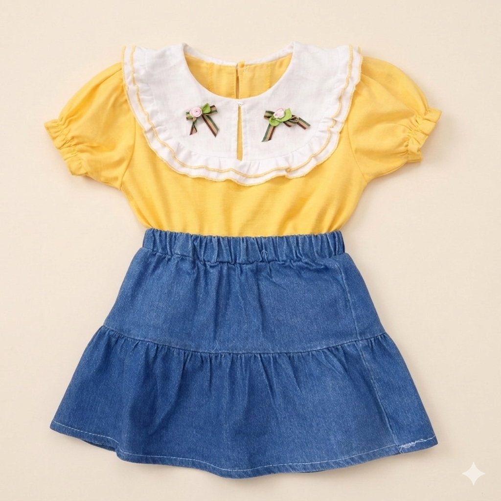 Sunny Bloom Yellow Top & Denim Skirt Set