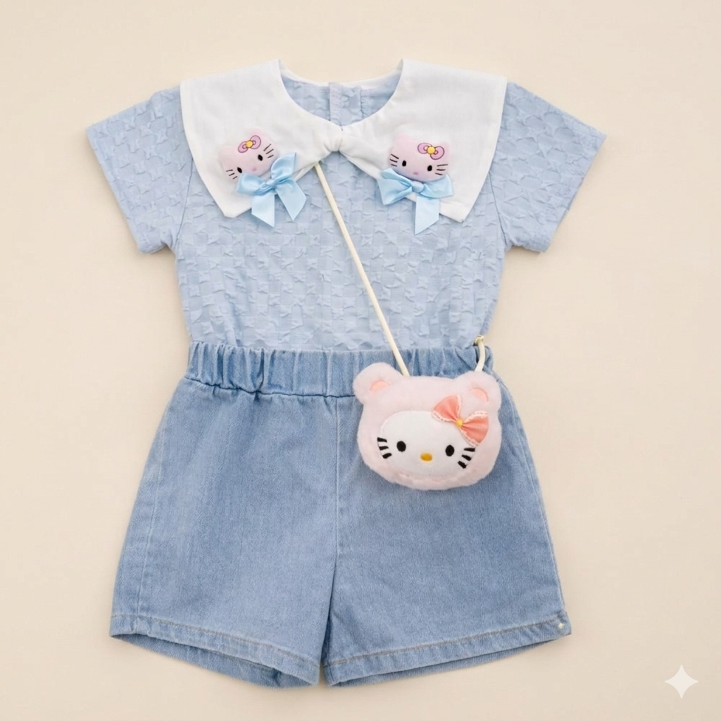 Kitty Charm Blue 2-Piece Outfit with Mini Purse