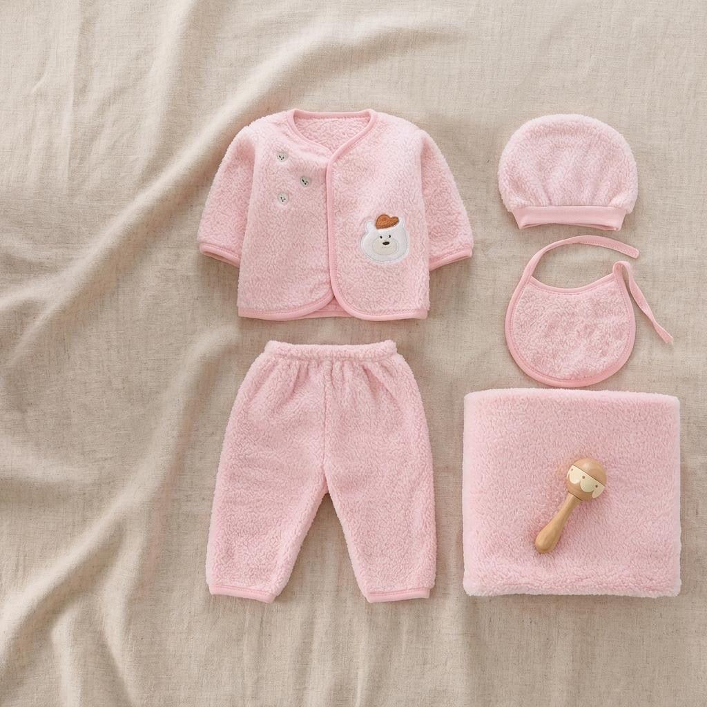 Cozy Bear 5-Piece Sherpa Newborn Set-Pink