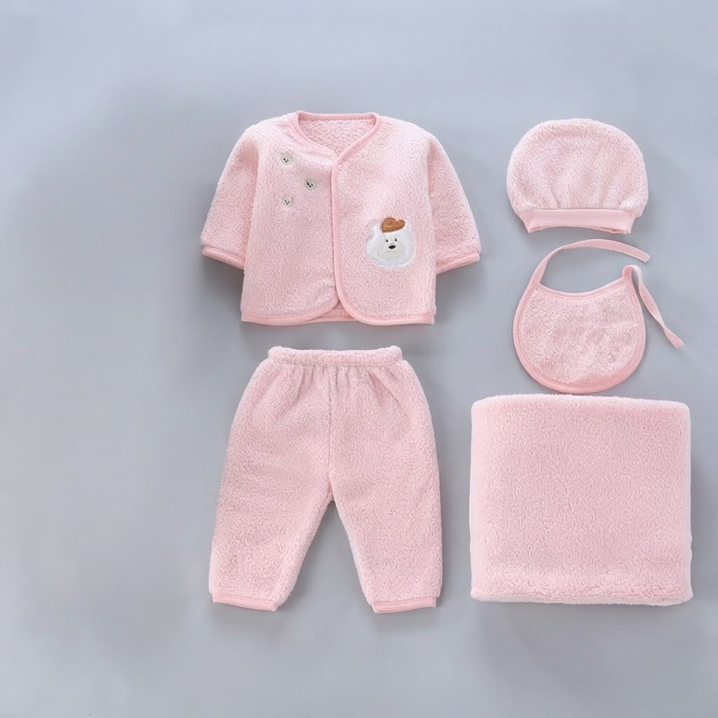 Cozy Bear 5-Piece Sherpa Newborn Set-Pink