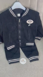 Black Corduroy Varsity Jacket and Pants Tracksuit Set for Boys