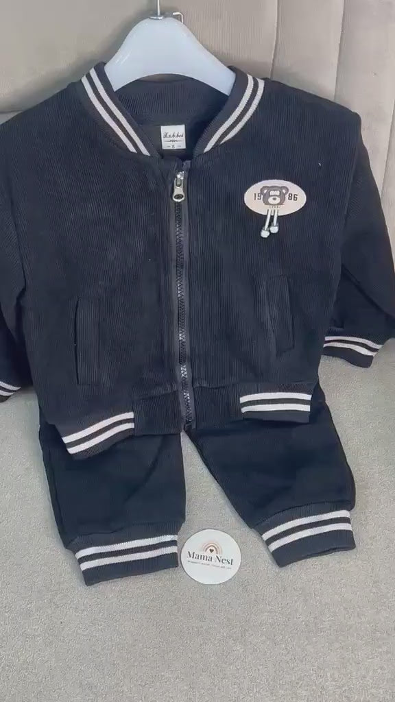 Black Corduroy Varsity Jacket and Pants Tracksuit Set for Boys