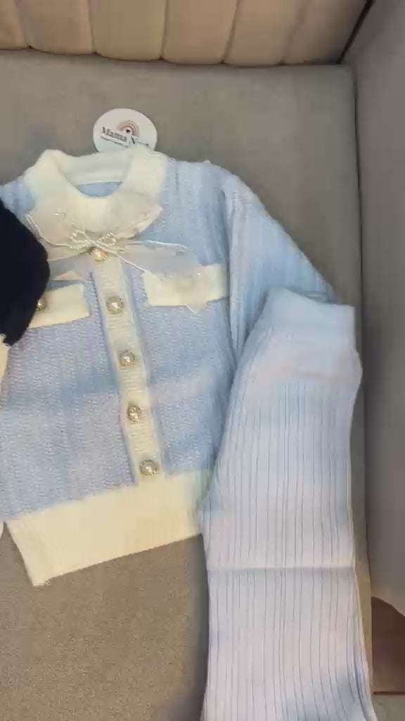 Bow Accent Ribbed Knit Cardigan and Pants Set