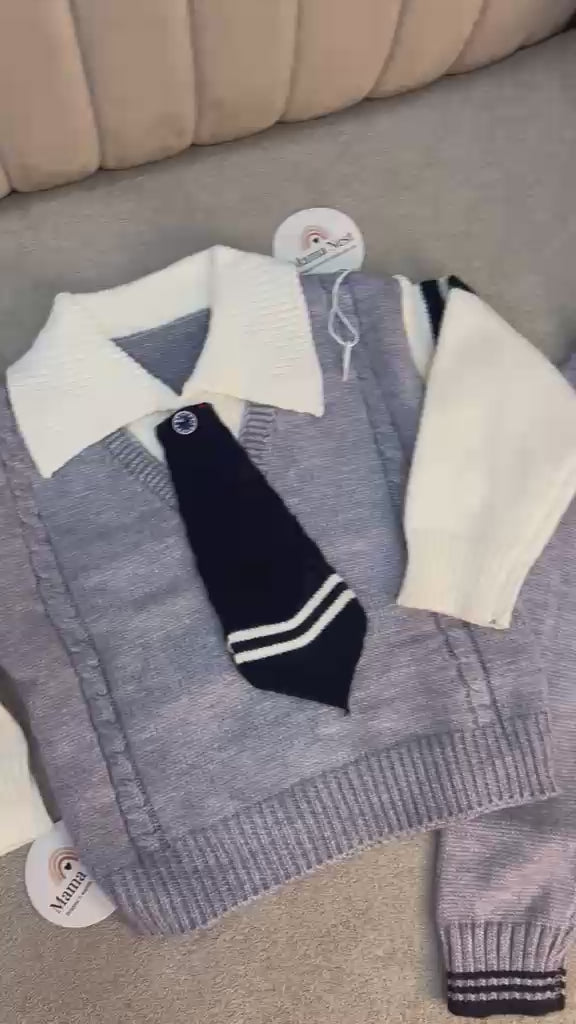 Baby Boy Knit Sweater and Pants Set with Mock Tie