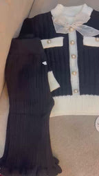 Bow Accent Ribbed Knit Cardigan and Pants Set-Black