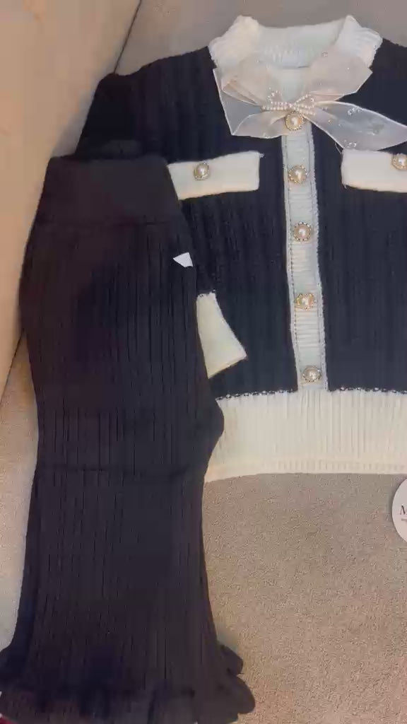 Bow Accent Ribbed Knit Cardigan and Pants Set-Black