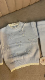 Pearl Rhinestone Bow Ribbed Knit Sweater and Pants Set