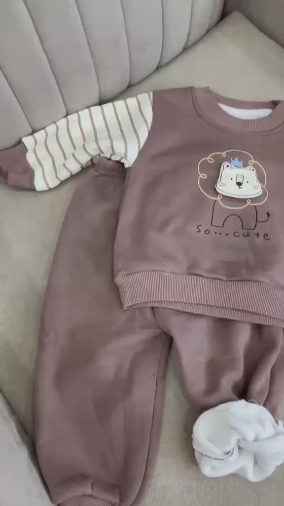 Brown Lion Fleece Sweatshirt & Jogger Set