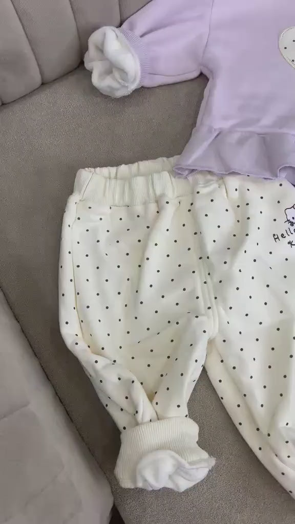 Lilac Peplum Sweatshirt & Polka Dot Trouser Set Fleece