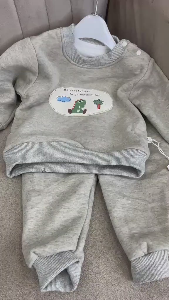 Grey Dinosaur Sweatshirt & Jogger Set Fleece