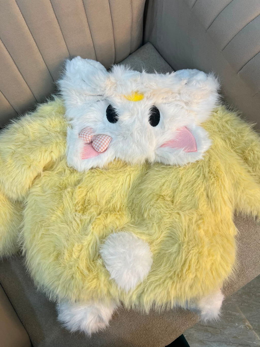 Plush Kitty Hooded Faux Fur Jacket-Yellow