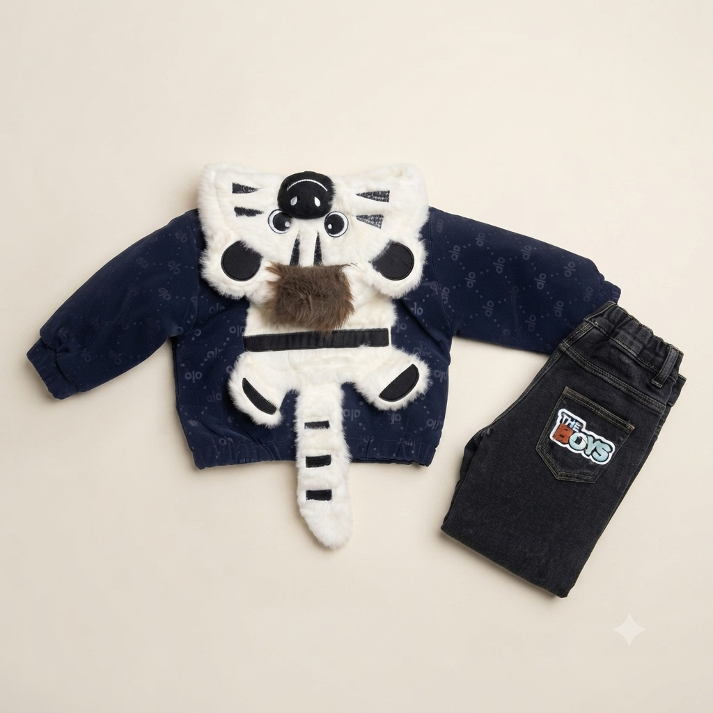 Kids Tiger leather Winter Jacket & Fur-Lined Baggy Pants Set