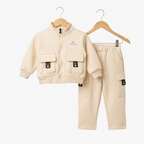 Unisex Kids Fleece Cargo Tracksuit Set-Cream