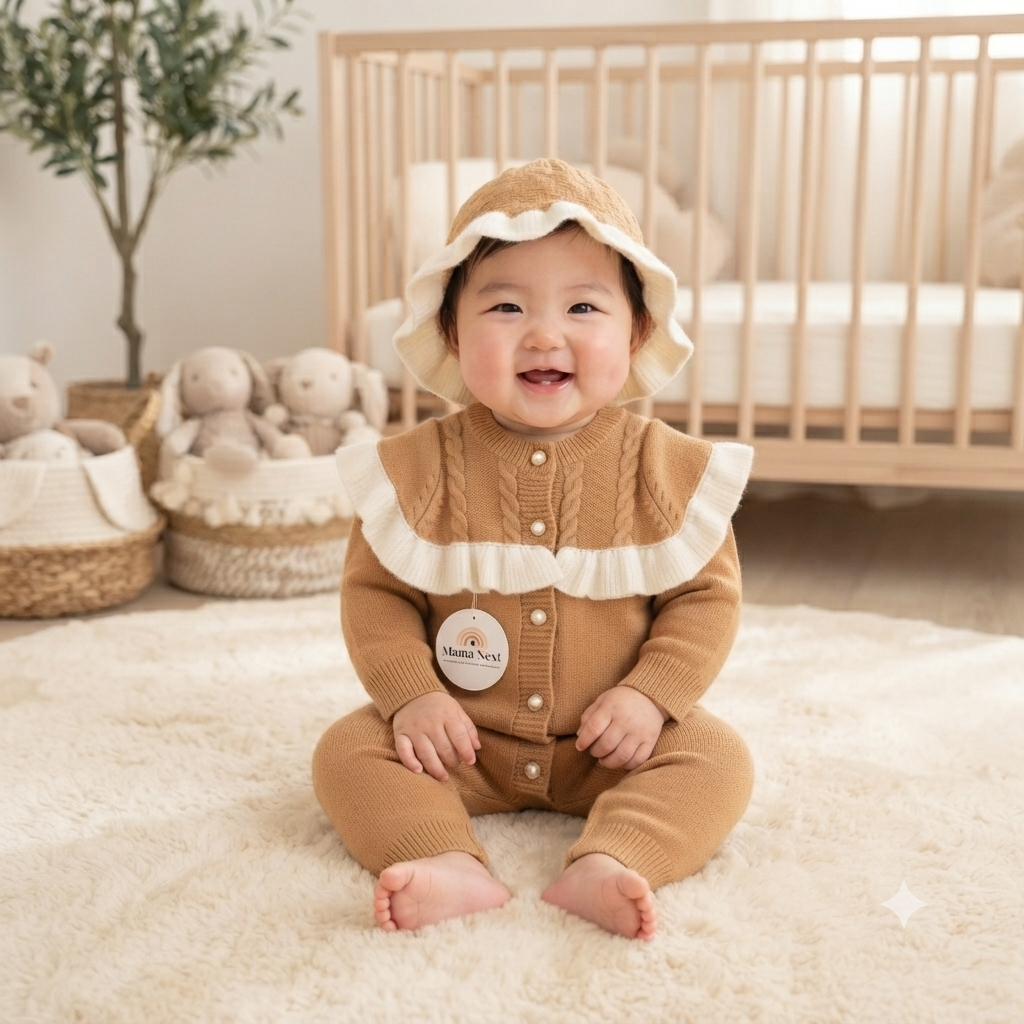 Cozy Caramel Knit Ruffle Romper & Matching Beanie Set
