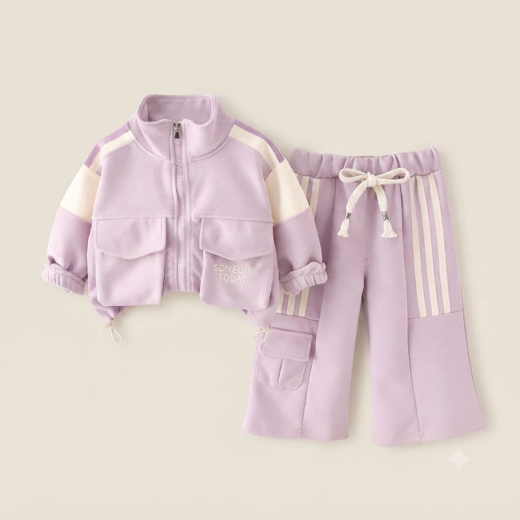 Girl's Sporty Lilac Colorblock Jogger Set with Pockets