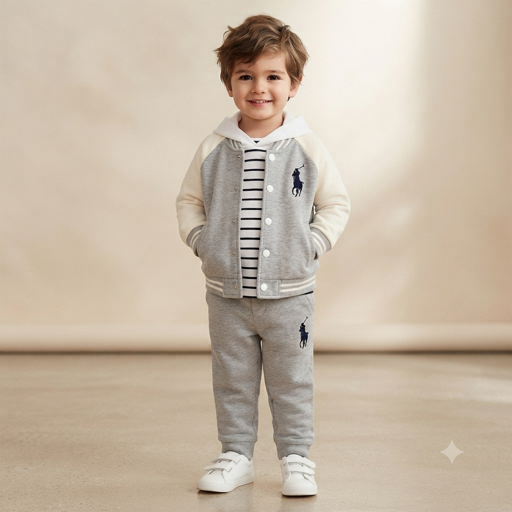 Polo Boy 3-Piece Varsity Jacket, Striped Hoodie, and Jogger Set-Grey
