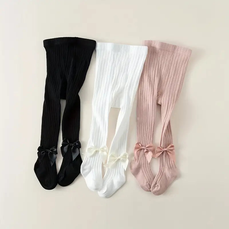 Baby Girl Ribbed Tights with Bow Accents