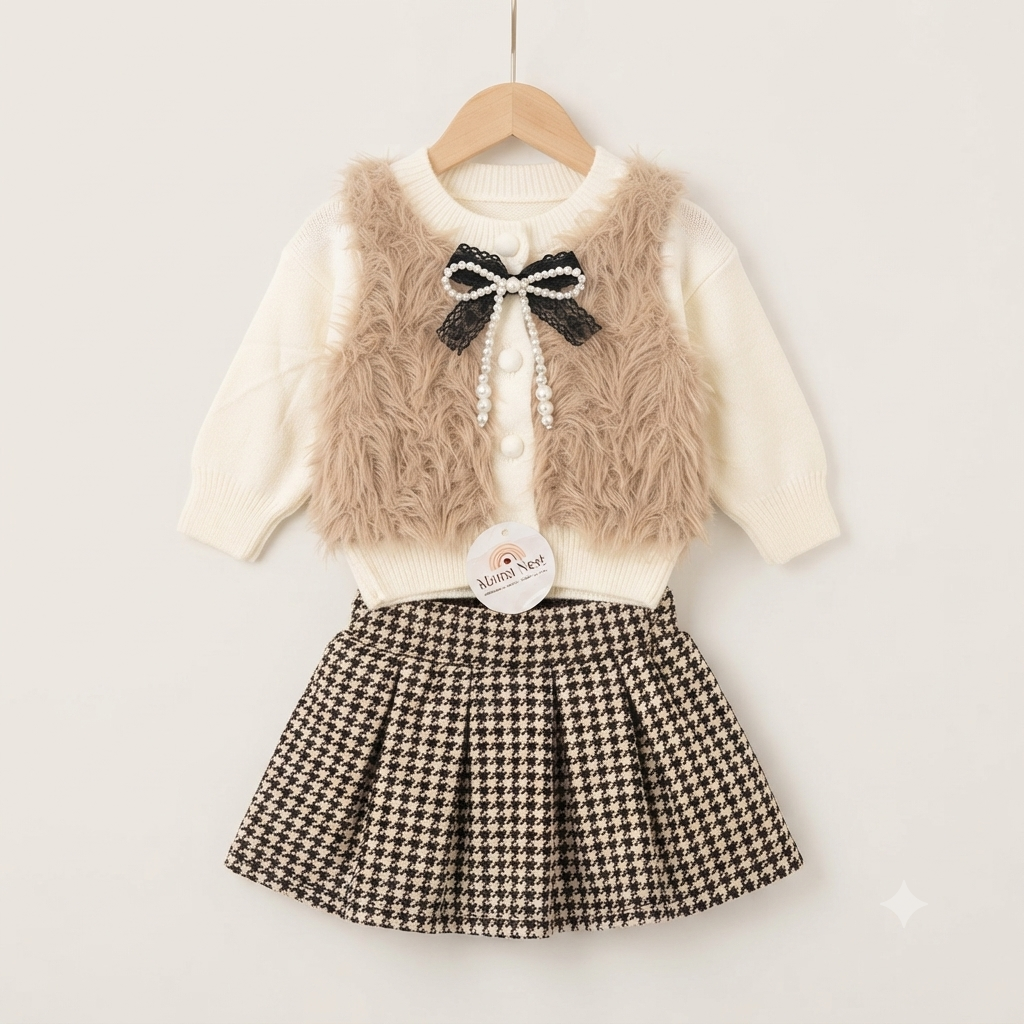 Toddler Girls Faux Fur Vest and Houndstooth Skirt Set- Brown