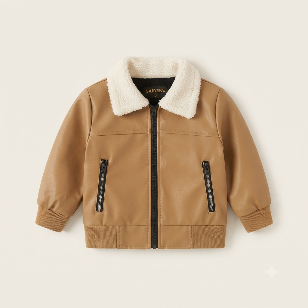 Toddler Faux Leather Bomber Jacket with Sherpa Collar-Light Brown