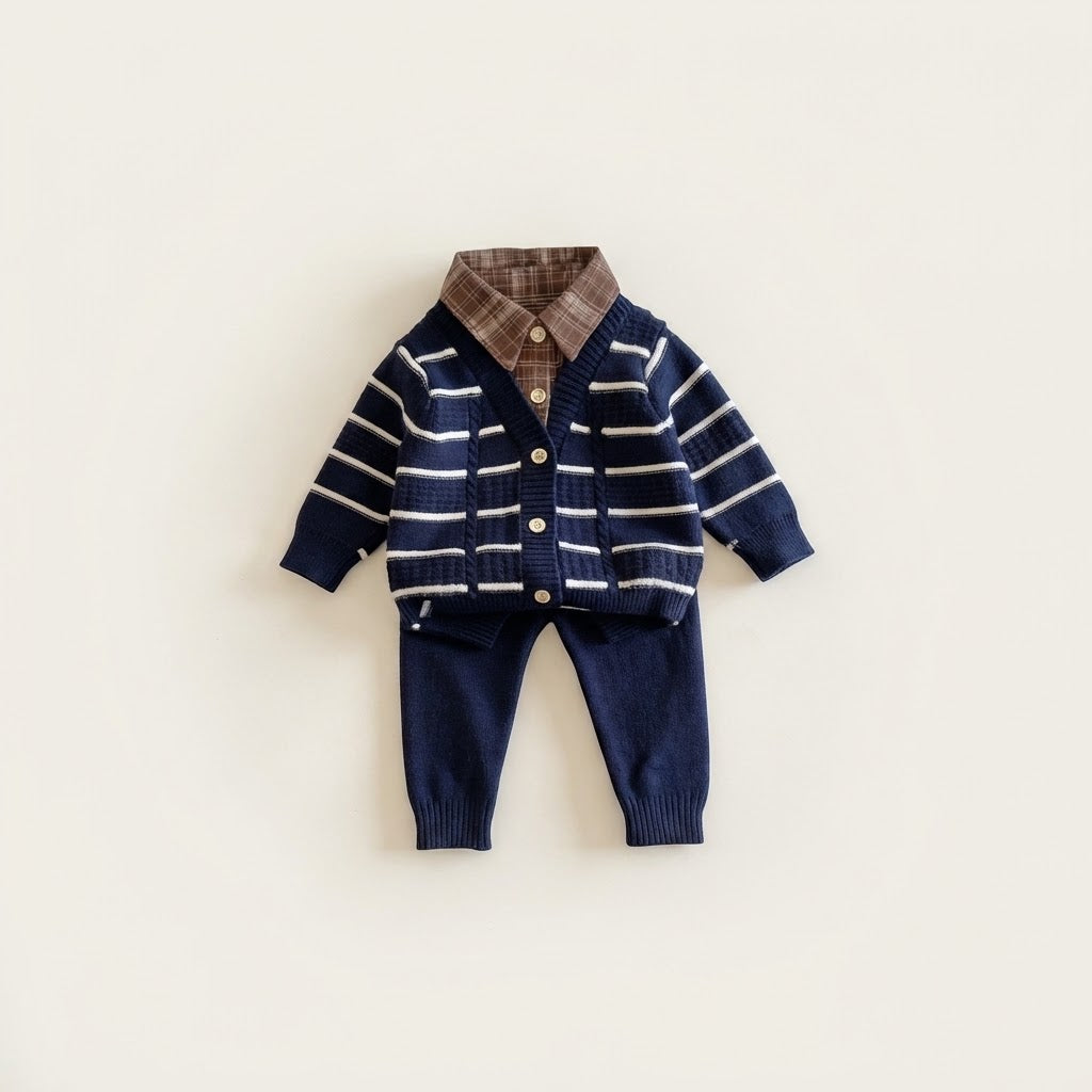 Baby Boy Plaid Collar Knitted Cardigan & Pants Set-Blue