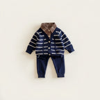 Baby Boy Plaid Collar Knitted Cardigan & Pants Set-Blue