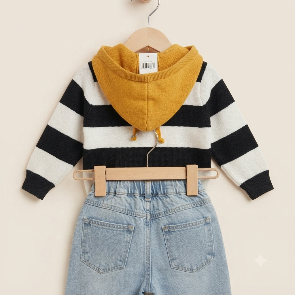 Monochrome Stripe Sherpa-Lined Hoodie & Denim Set