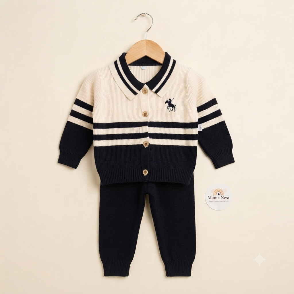Black & White Striped Knit Baby Cardigan and Pants Set
