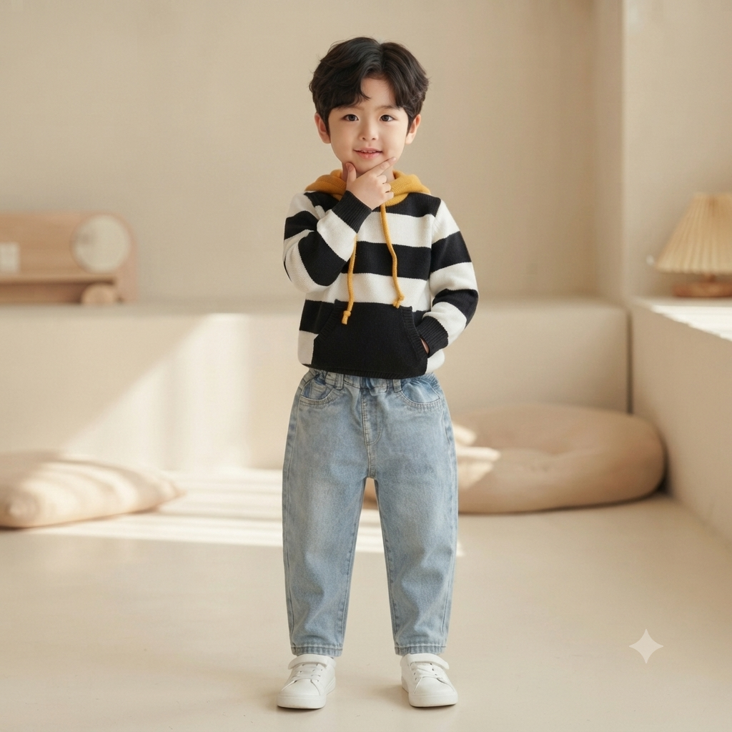 Monochrome Stripe Sherpa-Lined Hoodie & Denim Set