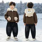 Kids Bear Hood Winter leather Jacket & Fur-Lined Pants Set – Brown