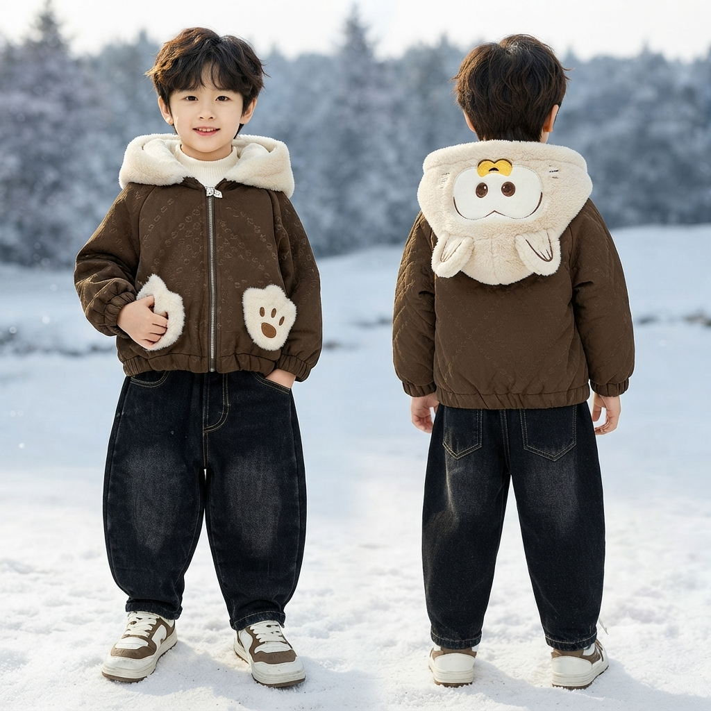 Kids Bear Hood Winter leather Jacket & Fur-Lined Pants Set – Brown