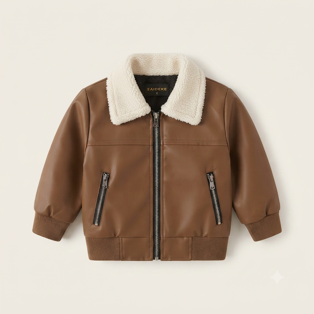 Toddler Faux Leather Bomber Jacket with Sherpa Collar-Brown