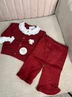 Maroon Knit Ruffle Top & Trouser Set with White Organza Collar