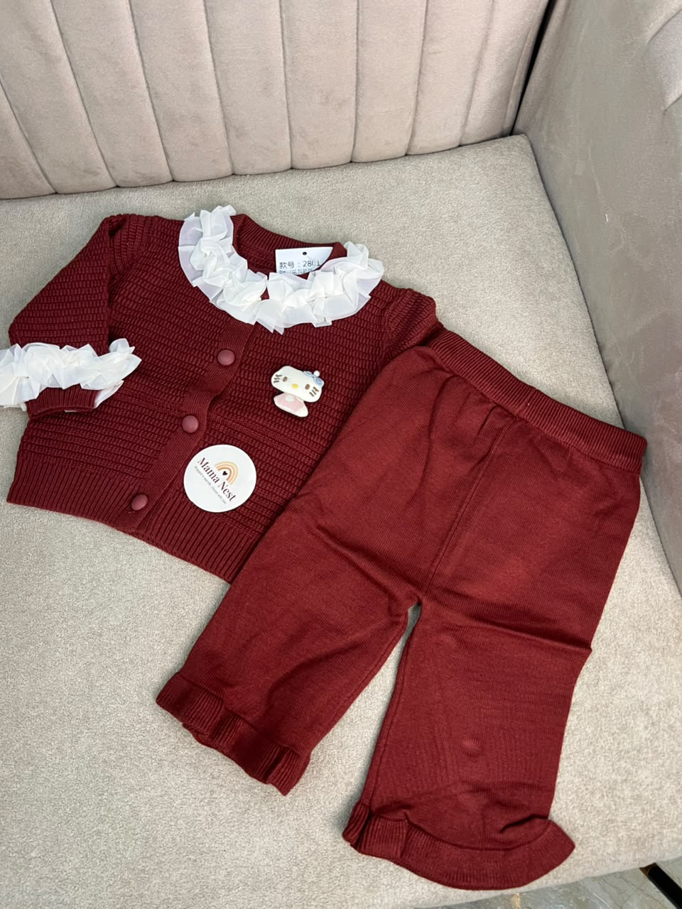 Maroon Knit Ruffle Top & Trouser Set with White Organza Collar