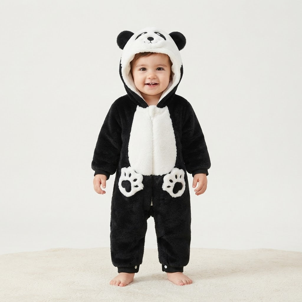 Fluffy Hooded Panda Baby Romper-Black