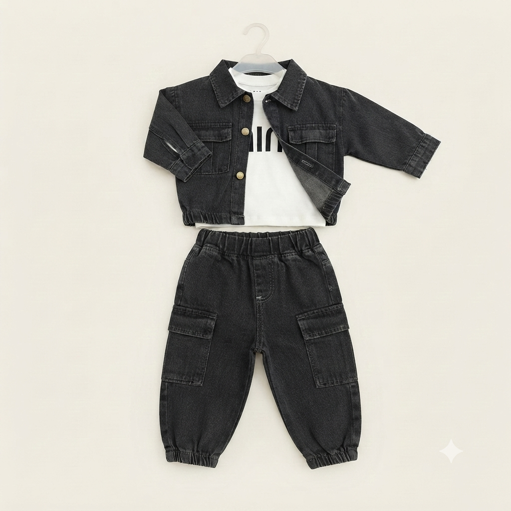 Toddler Black Denim Jacket and Cargo Joggers Set