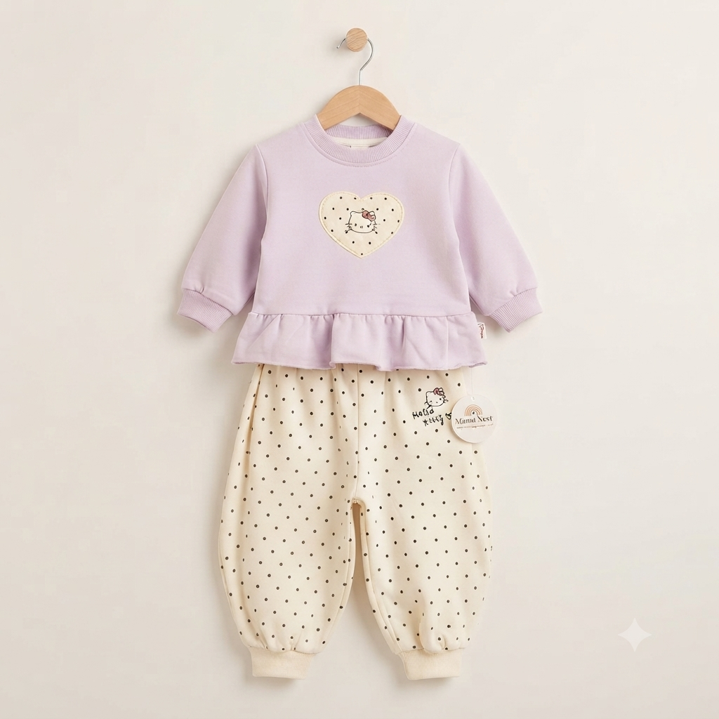 Lilac Peplum Sweatshirt & Polka Dot Trouser Set Fleece