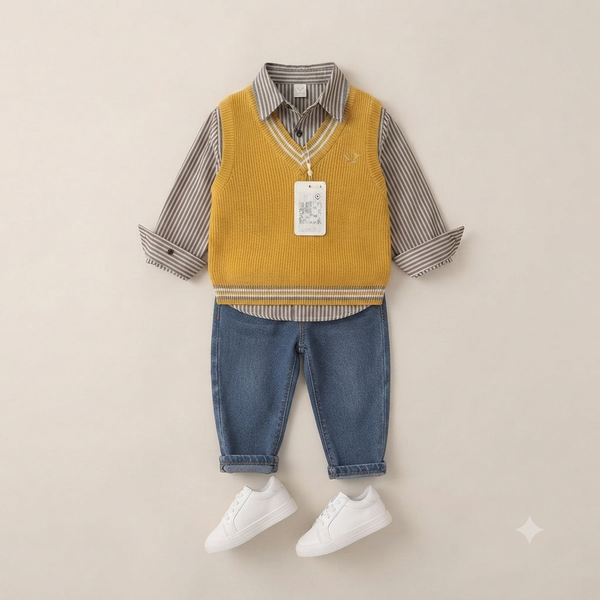 Mustard V-Neck Sweater Vest & Striped Shirt Set with Distressed blue Denim