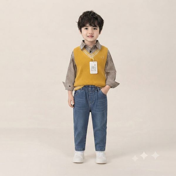 Mustard V-Neck Sweater Vest & Striped Shirt Set with Distressed blue Denim