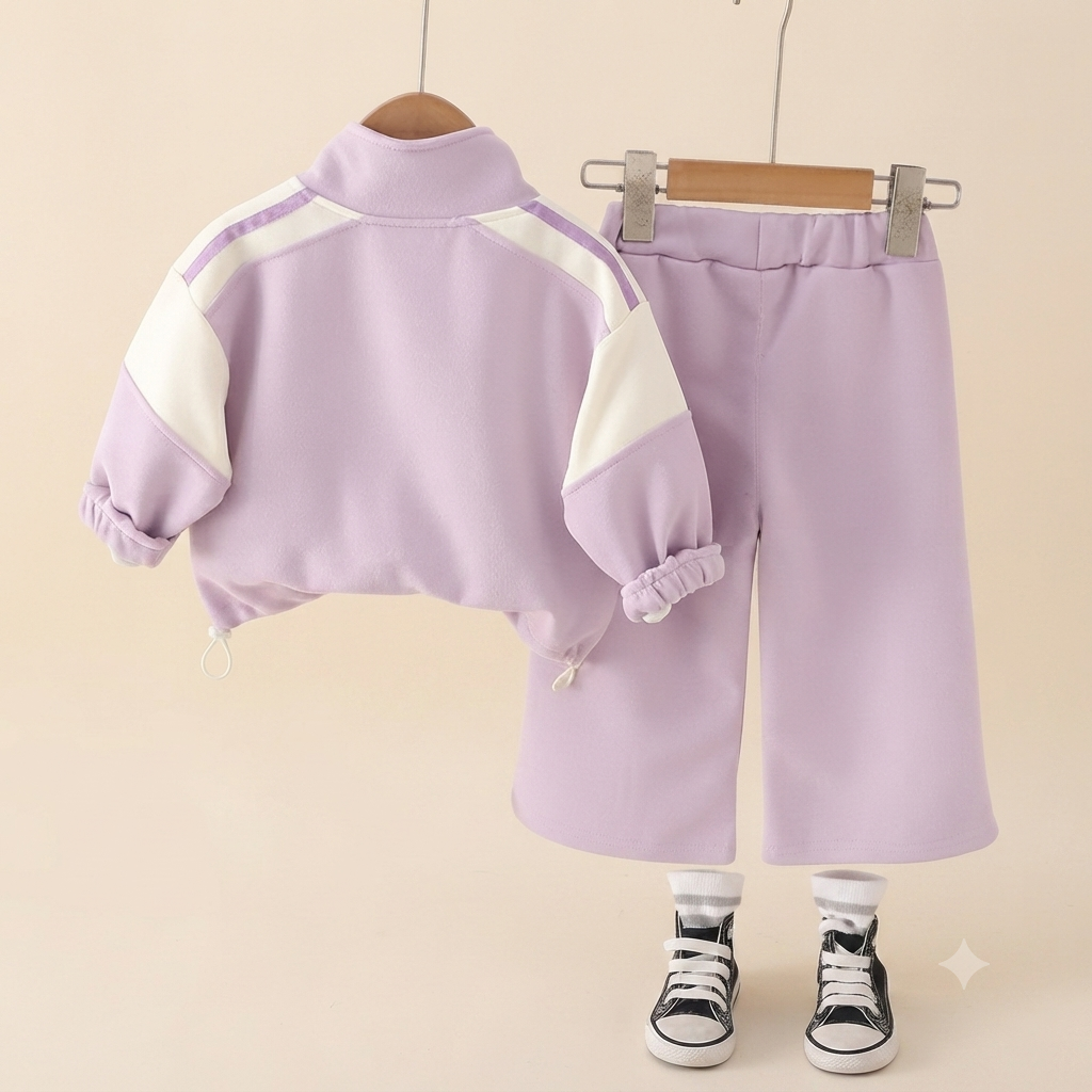 Girl's Sporty Lilac Colorblock Jogger Set with Pockets