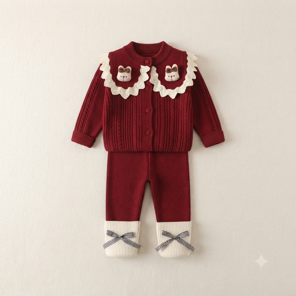 Toddler Girls Cute Bunny Collar Knit Cardigan and Leggings Set - Burgundy