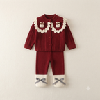 Toddler Girls Cute Bunny Collar Knit Cardigan and Leggings Set - Burgundy