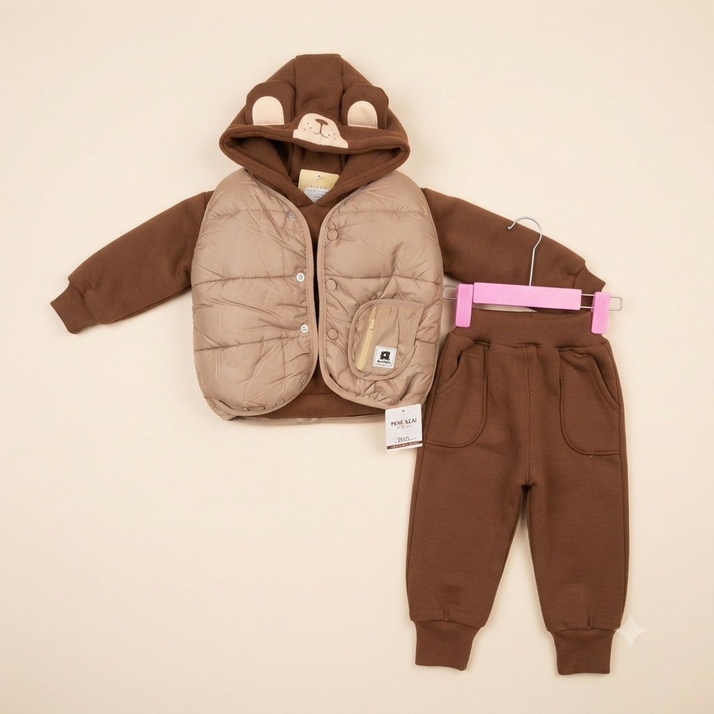 Cozy Bear Winter Puffer Vest & Fleece 3-Piece Outfit