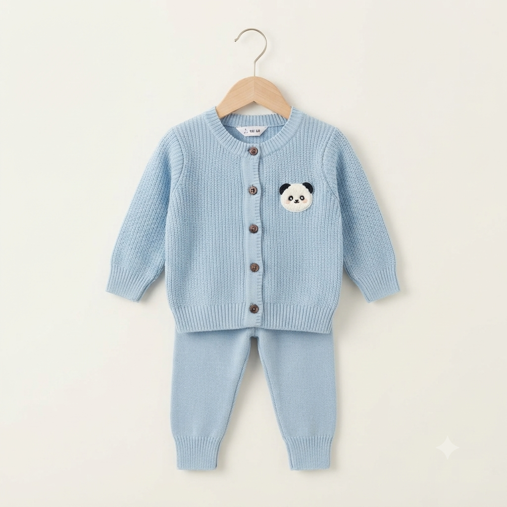 Baby Blue Panda Patch Ribbed Knit Cardigan Set