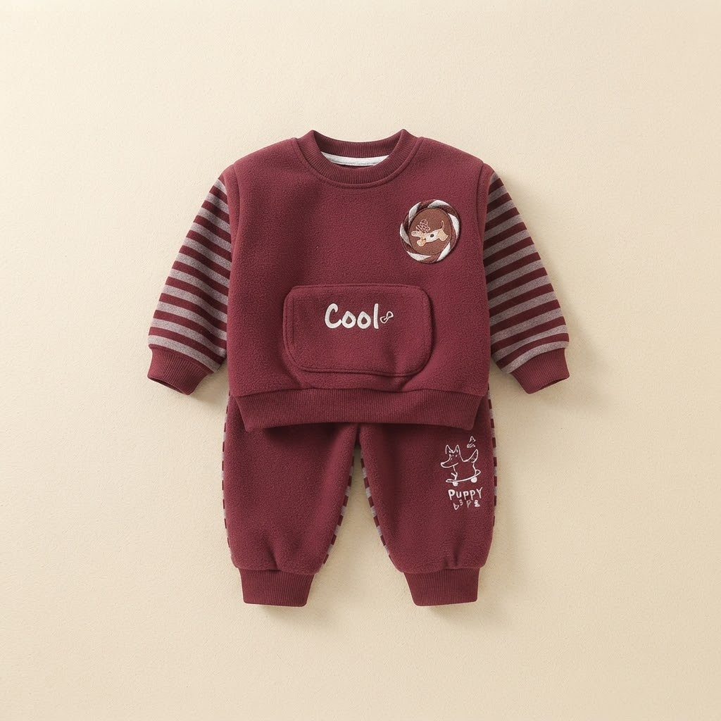 Cool Fleece Sweatshirt & Striped Trousers Set- Maroon