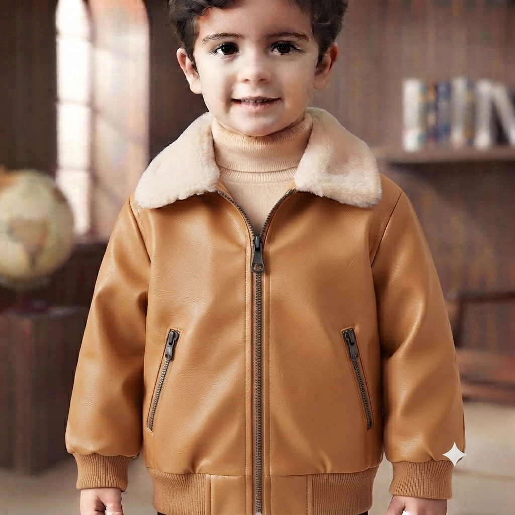 Toddler Faux Leather Bomber Jacket with Sherpa Collar-Light Brown