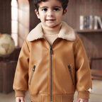 Toddler Faux Leather Bomber Jacket with Sherpa Collar-Light Brown