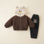 Kids Bear Hood Winter leather Jacket & Fur-Lined Pants Set – Brown