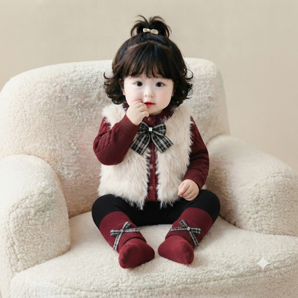 Cute Plaid Bow Accent Knit Sweater and Pants Set for Girls