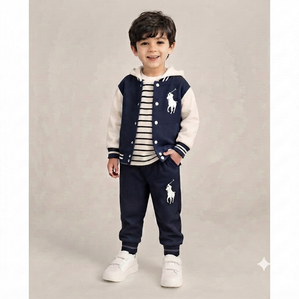 Polo Boy 3-Piece Varsity Jacket, Striped Hoodie, and Jogger Set-Blue